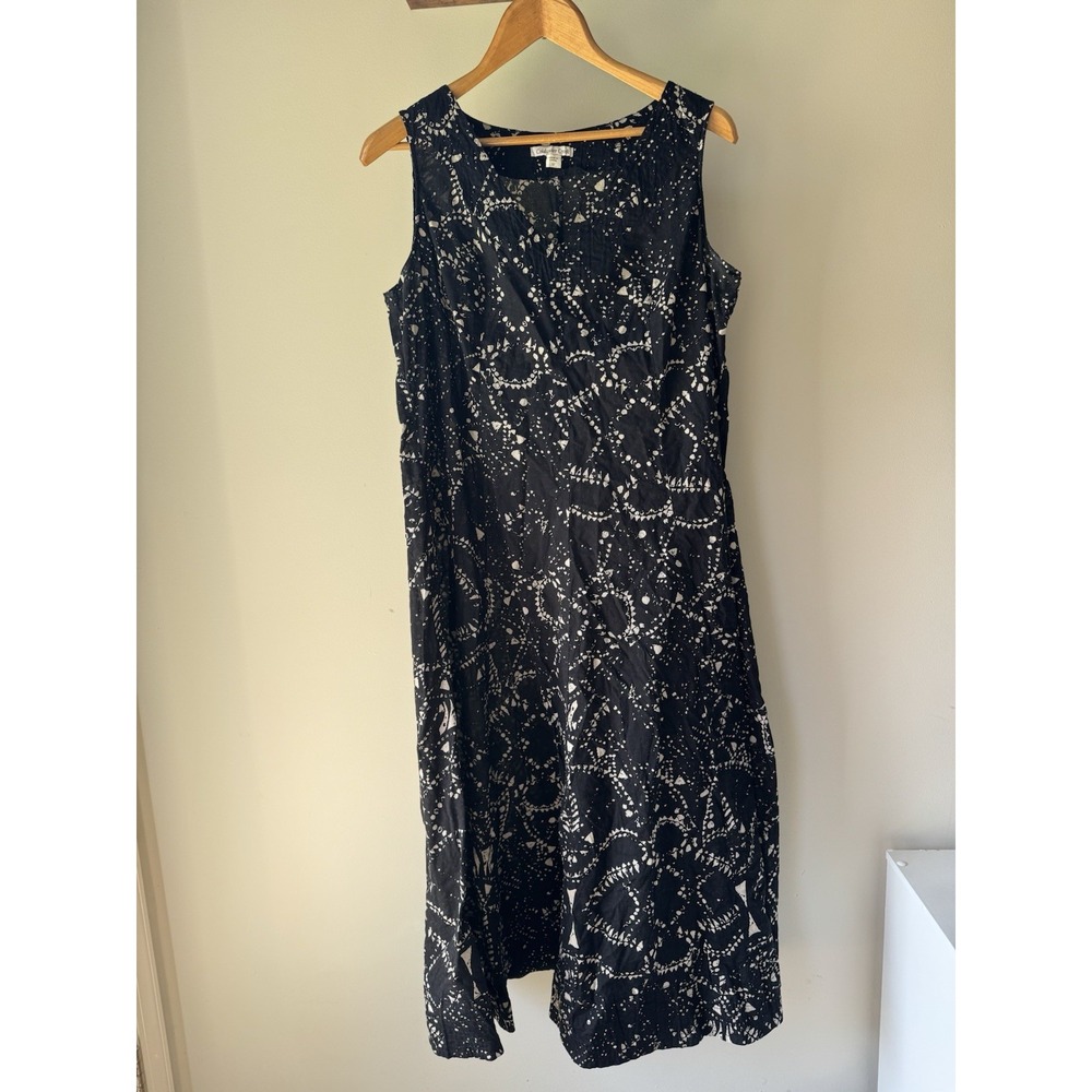 Coldwater Creek Black Abstract Batik Print Cotton Midi Dress Sleeveless 12